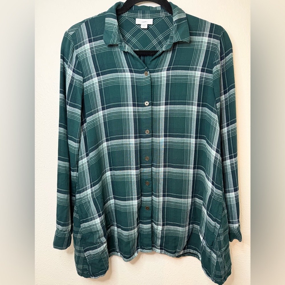 J. Jill Mixed Plaid Double Cloth Long Sleeve Tunic Shirt "Evergreen Plaid" XSP